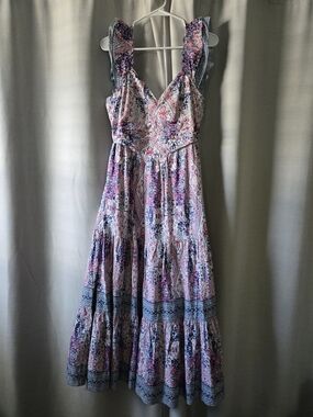 Caroline Constas Pink and Blue Floral Tiered Maxi Dress